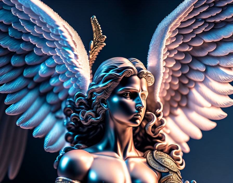 3D-rendered angelic figure with large wings on dark background