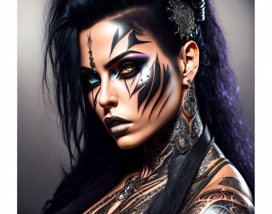 Woman with Tribal-Inspired Makeup, Blue Eyes, Gothic Jewelry & Tattoos