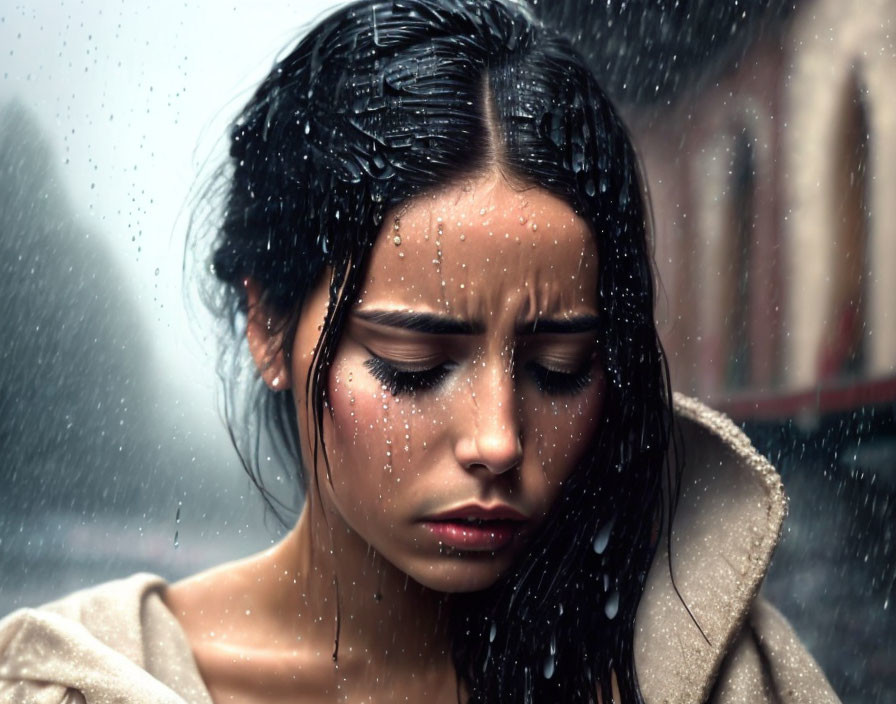 Woman with wet hair and raindrops, looking down in heavy downpour