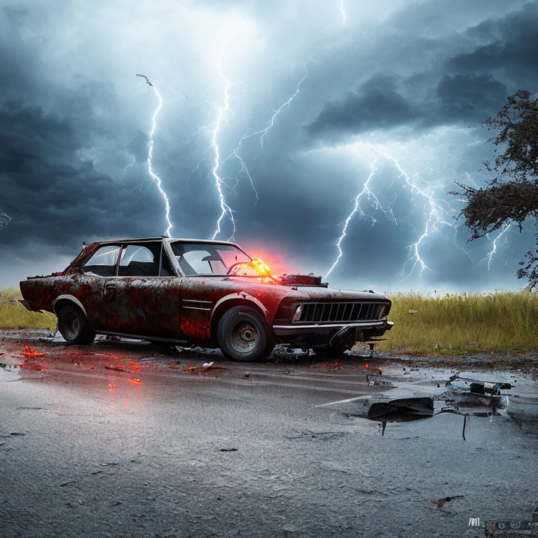 Abandoned police car in storm with lightning strikes