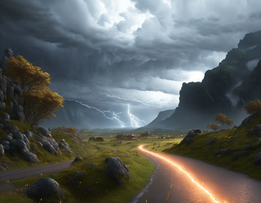 Winding road under stormy sky with lightning, surrounded by golden-leaved trees and mountains