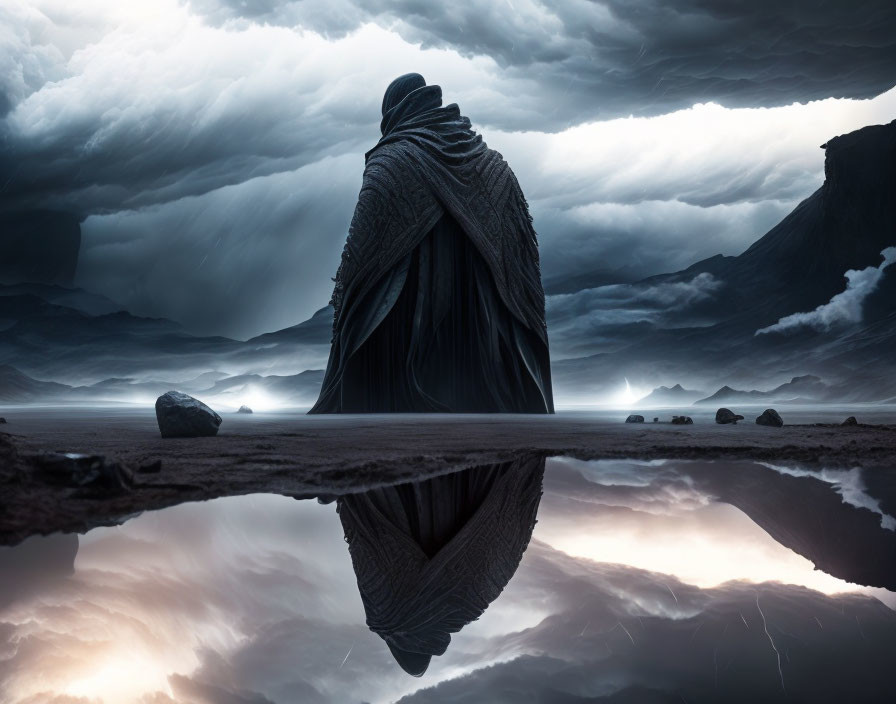 Cloaked figure in stormy sky reflection scene