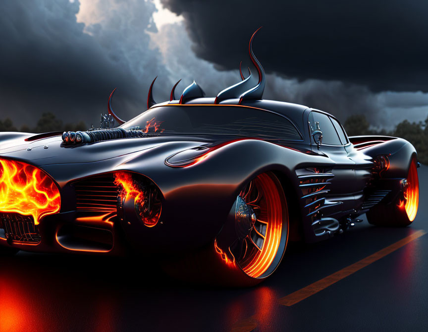 Black Fantasy Car with Flame Designs and Exaggerated Fins in Stormy Sky