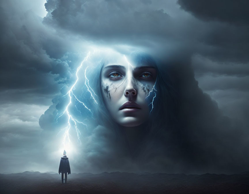 Woman's face merges with stormy skies and lightning in surreal portrait.