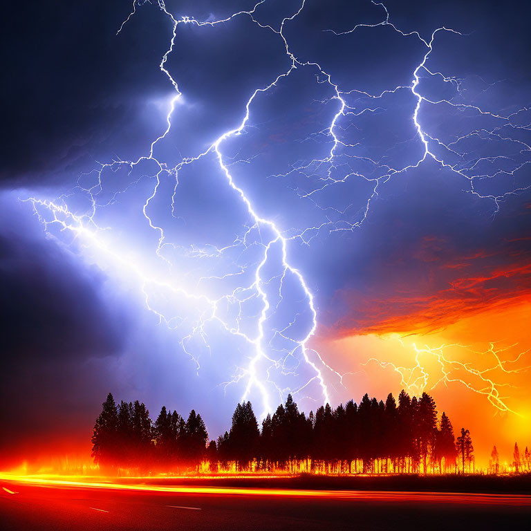 Dramatic lightning bolts over silhouetted trees on orange horizon