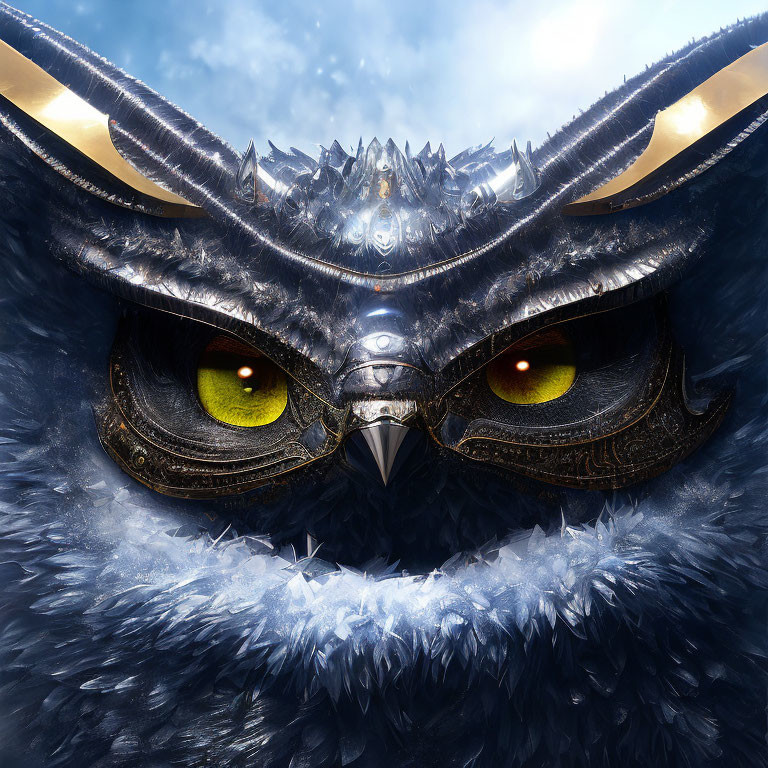 Stylized owl mask with glowing eyes and blue feathers on sky background