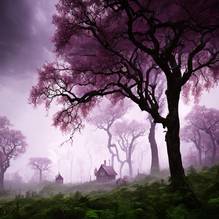 Enchanting forest with purple foliage, fog, and quaint houses.