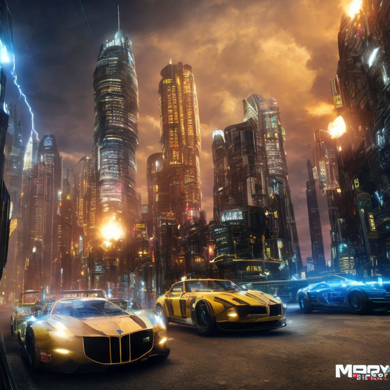 Futuristic cityscape with illuminated skyscrapers, stormy sky, and high-end sports cars