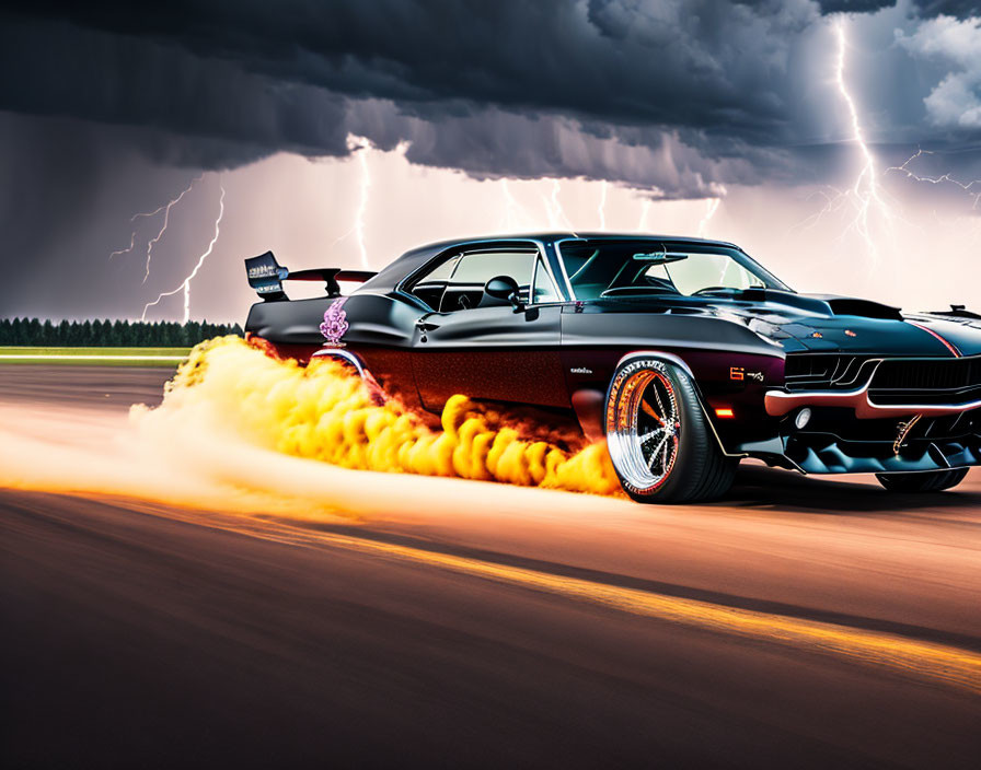 Black muscle car with racing decals and large spoiler in stormy lightning background.