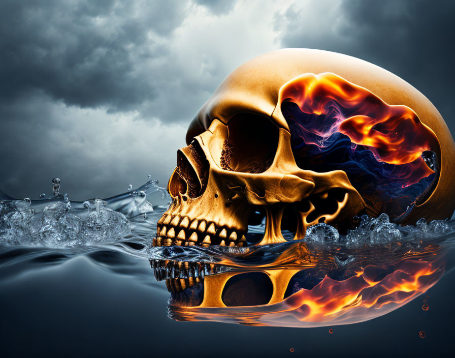 Golden Skull with Flames Submerged in Water on Stormy Sky Background