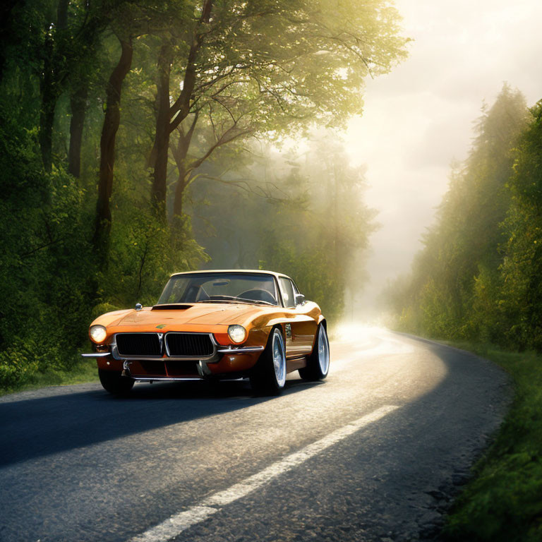 Vintage orange car driving on forest road with sun rays and mist.