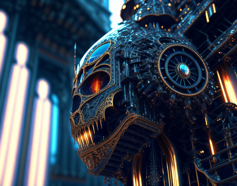 Intricate Mechanical Skull with Glowing Orange Eyes