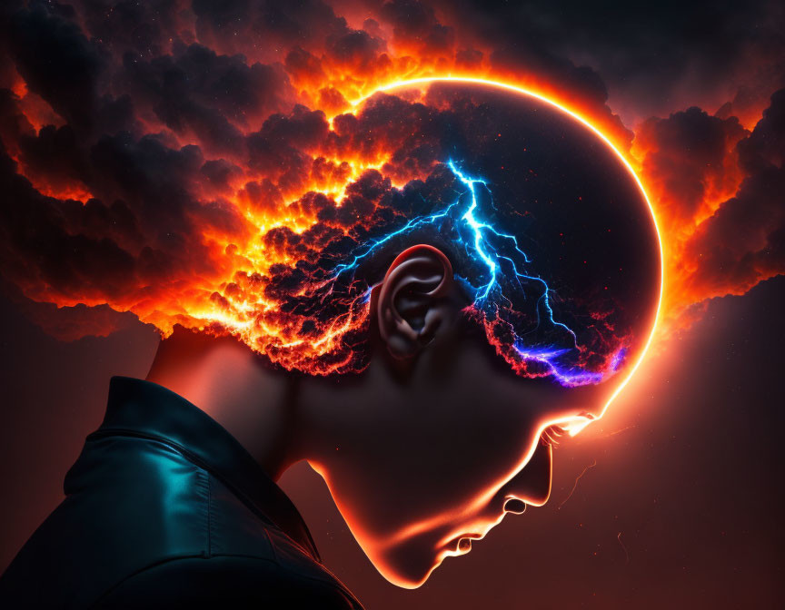 Human head profile with glowing fiery brain outline & electric blue lightning on dark background