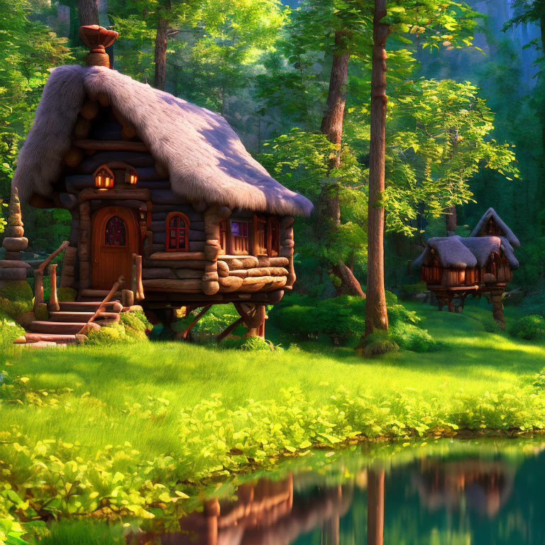 Enchanting forest scene: wooden cottage, thatched roof, lush greenery, serene pond.