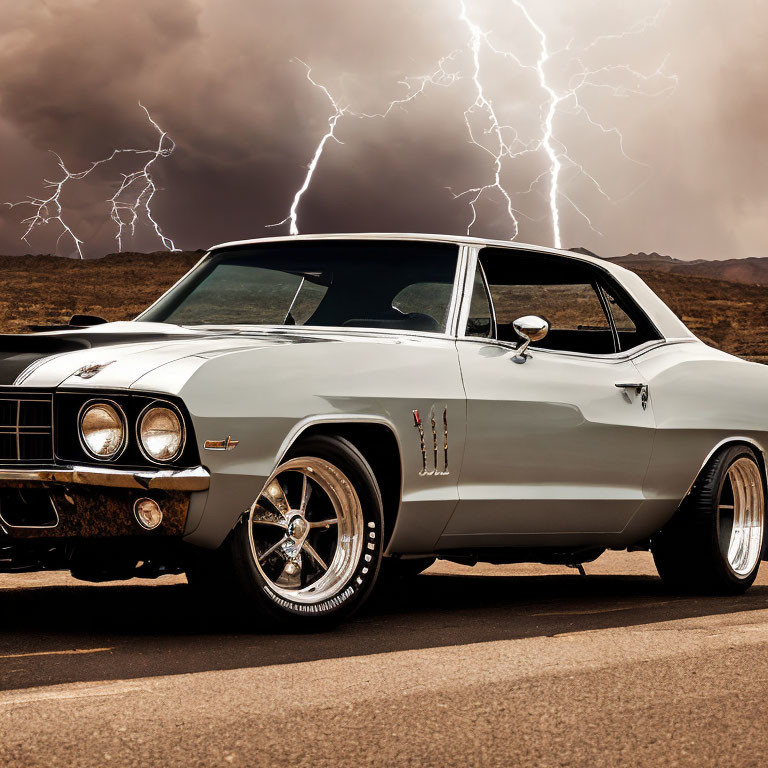 Vintage muscle car on stormy road with lightning strikes