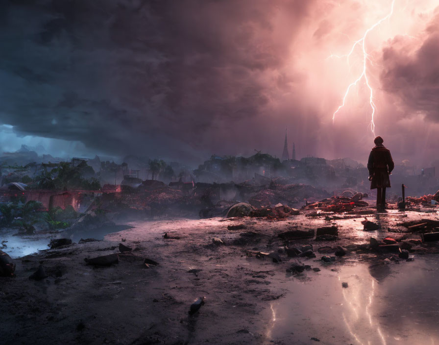 Person Contemplating Ruins in Stormy Cityscape