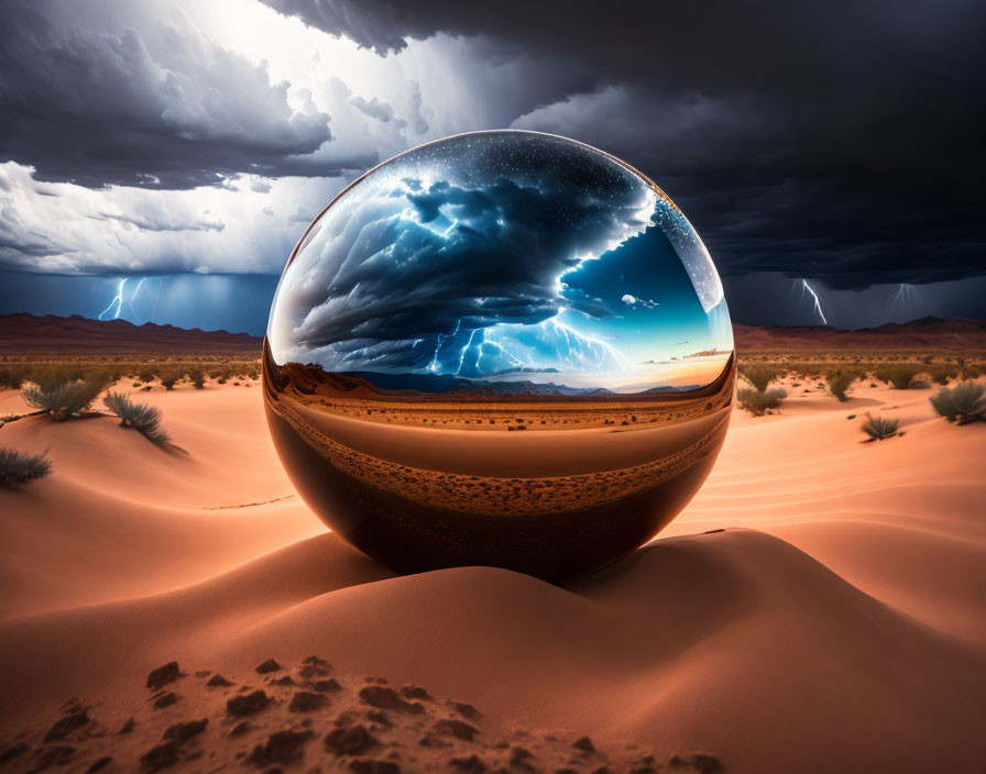 Stormy Sky Reflected in Crystal Ball Over Desert