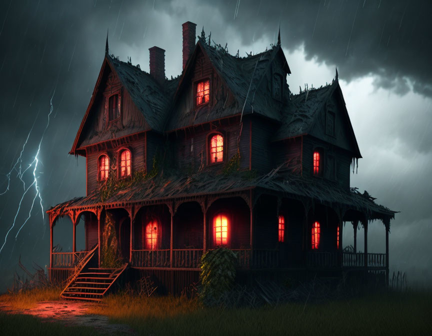 Victorian house at night with red lights and stormy skies