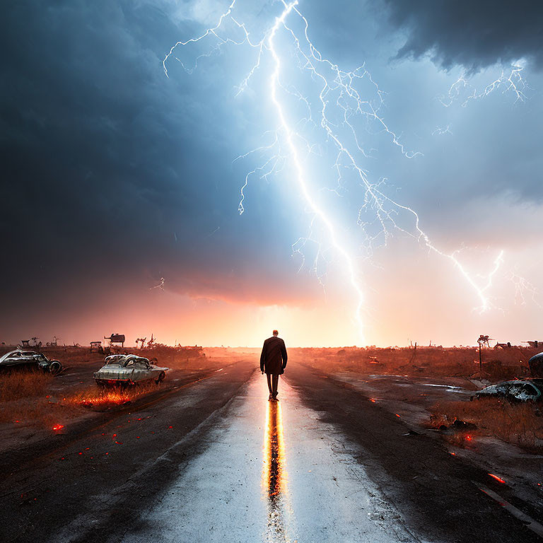 Person standing on road in stormy weather with lightning and abandoned cars.