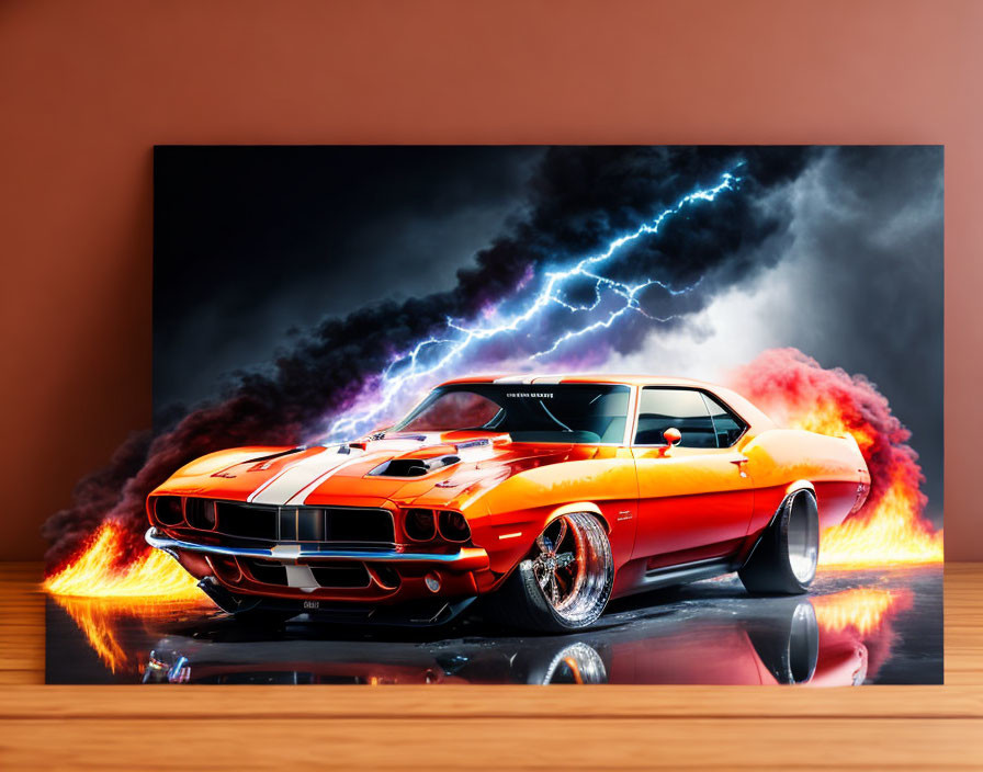 Orange Muscle Car with Racing Stripes on Lightning Background Canvas Display
