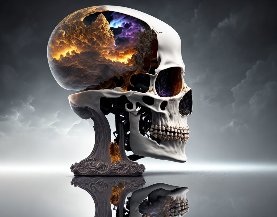 Surreal skull with cosmic cloud-filled cranium on reflective surface