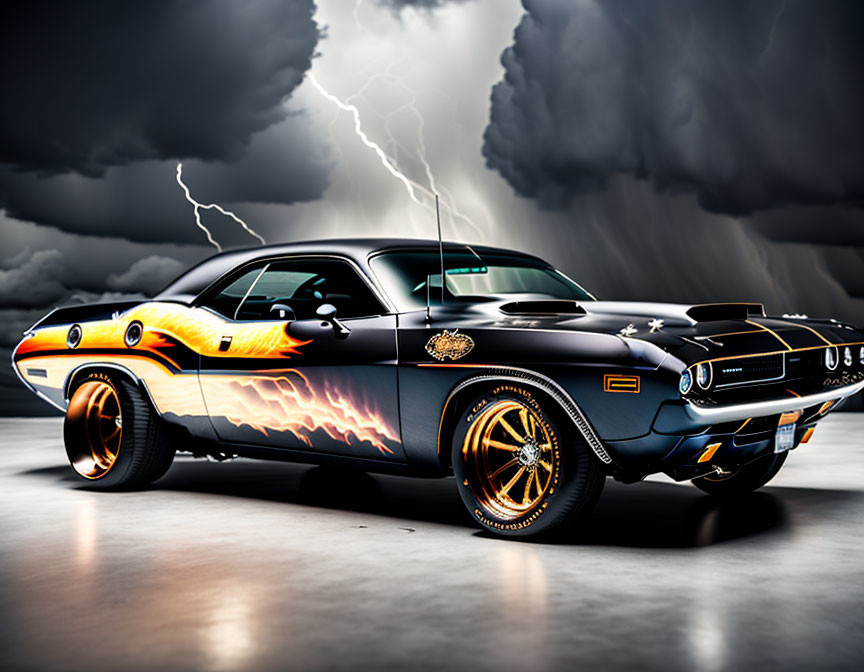 Black Muscle Car with Flame Decals and Gold Rims on Lightning Background