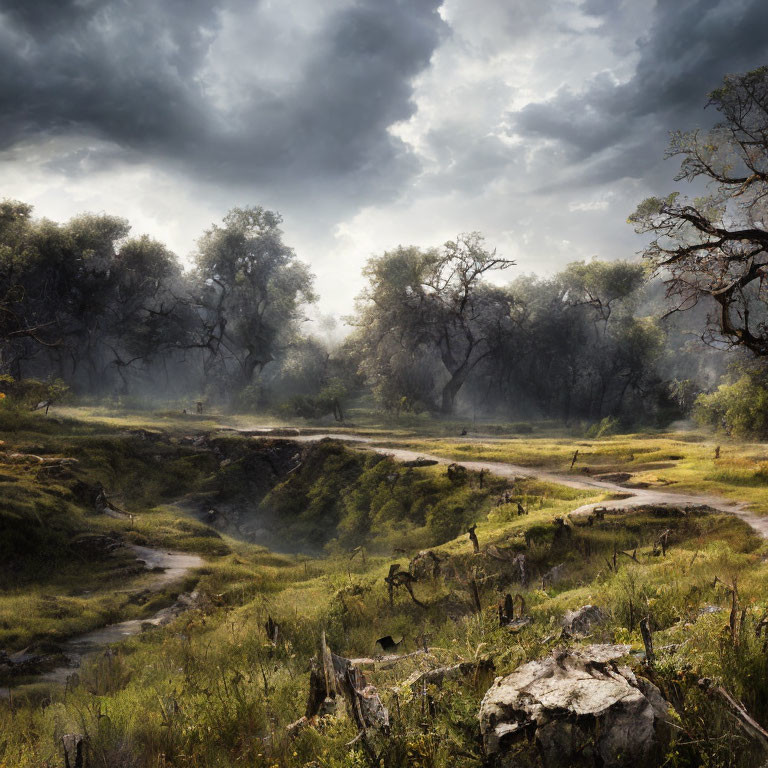 Tranquil landscape with winding path through lush meadows under dramatic sky