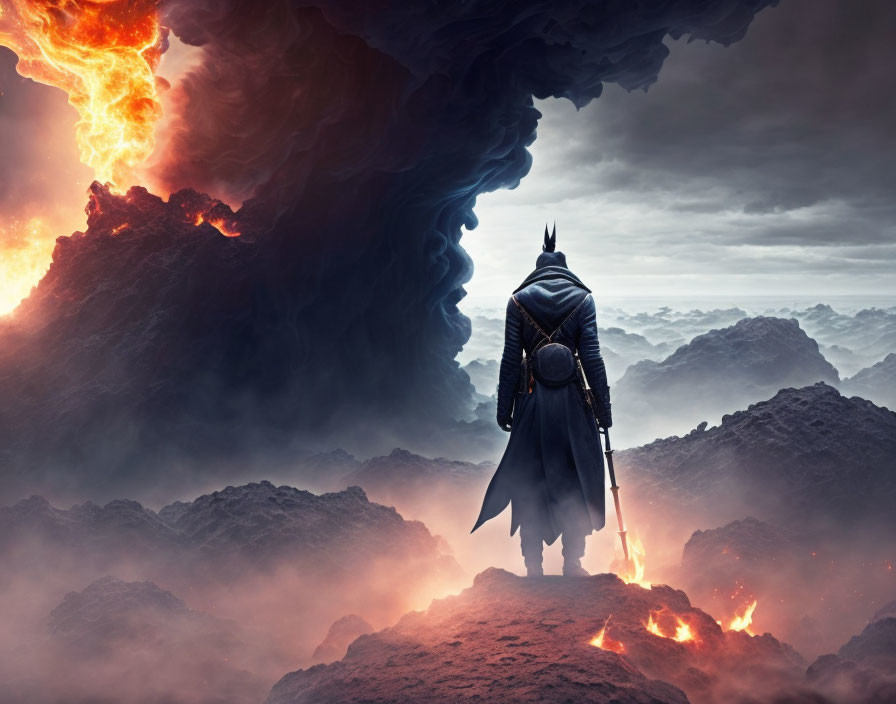 Mysterious figure on rocky outcrop gazes at fiery apocalyptic landscape