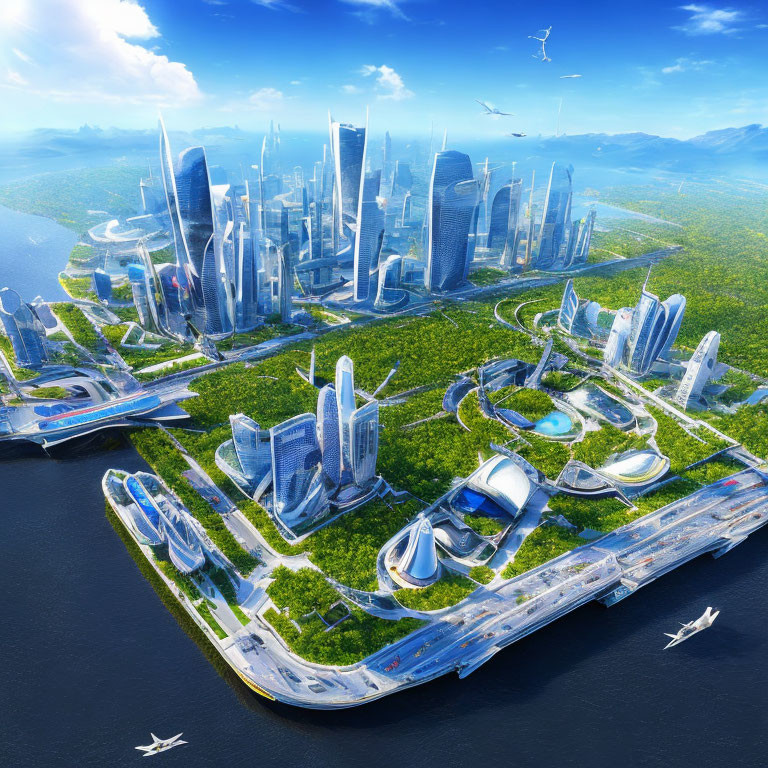 Futuristic cityscape with skyscrapers, greenery, waterways, and flying vehicles