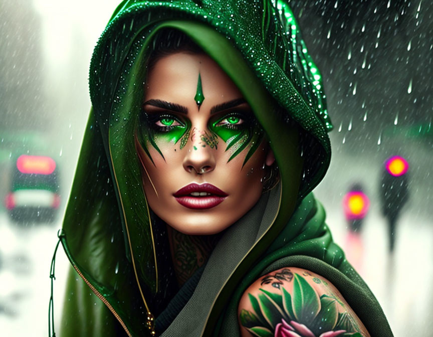 Woman with green eyes, face makeup, tattoos, and green cloak in rainy street scene.