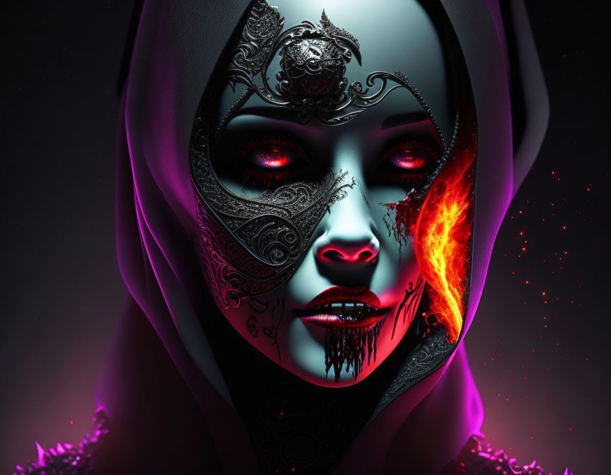 Digital artwork: Woman with bifurcated face, silver patterns and fiery burns.