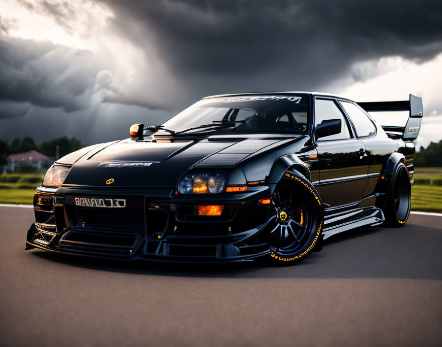 Custom Black Sports Car Parked Under Dramatic Cloudy Sky at Dusk