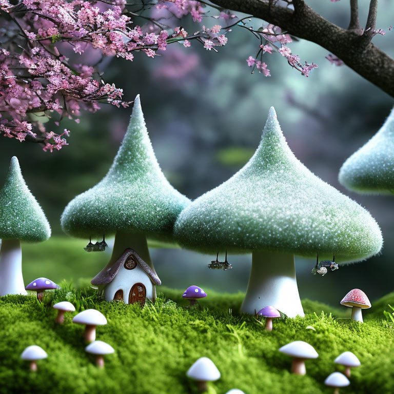 Whimsical snow-covered mushroom houses in fantasy landscape