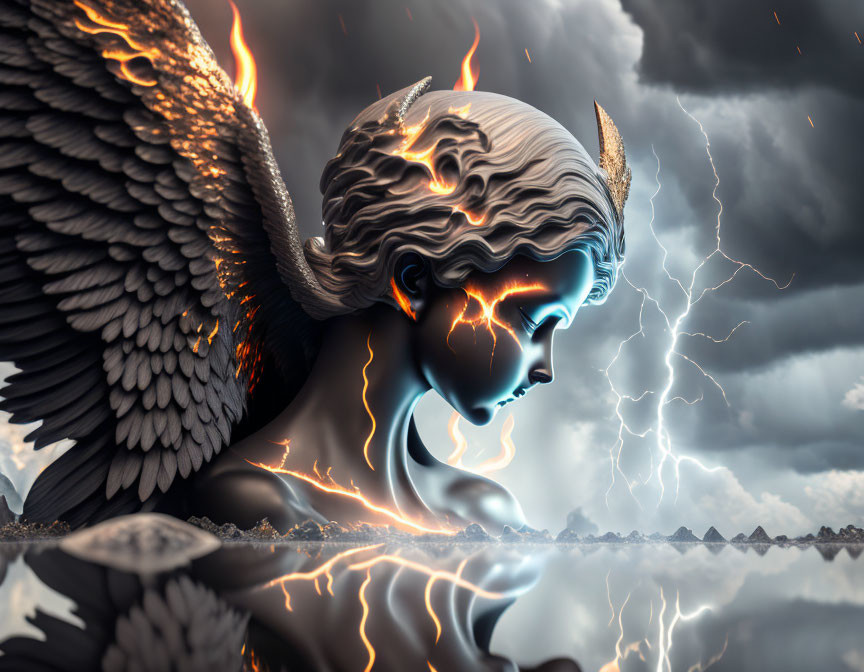 Mythical being with fiery hair and wings in stormy setting