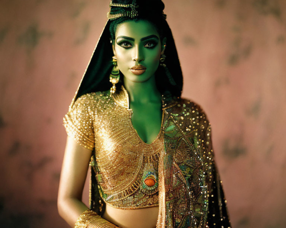 Elaborate Ancient Egyptian-Inspired Attire with Golden Accessories