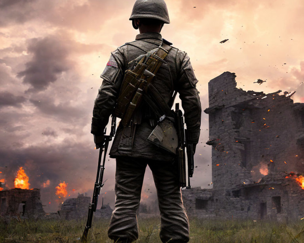 Military soldier standing in front of battlefield ruins and flames under cloudy sky