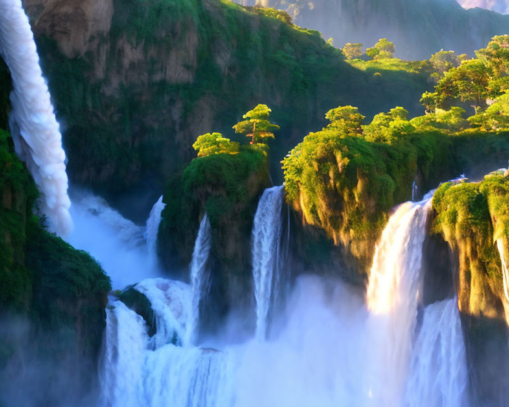 Scenic landscape with multiple waterfalls in lush greenery