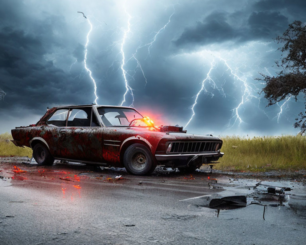 Abandoned police car in storm with lightning strikes