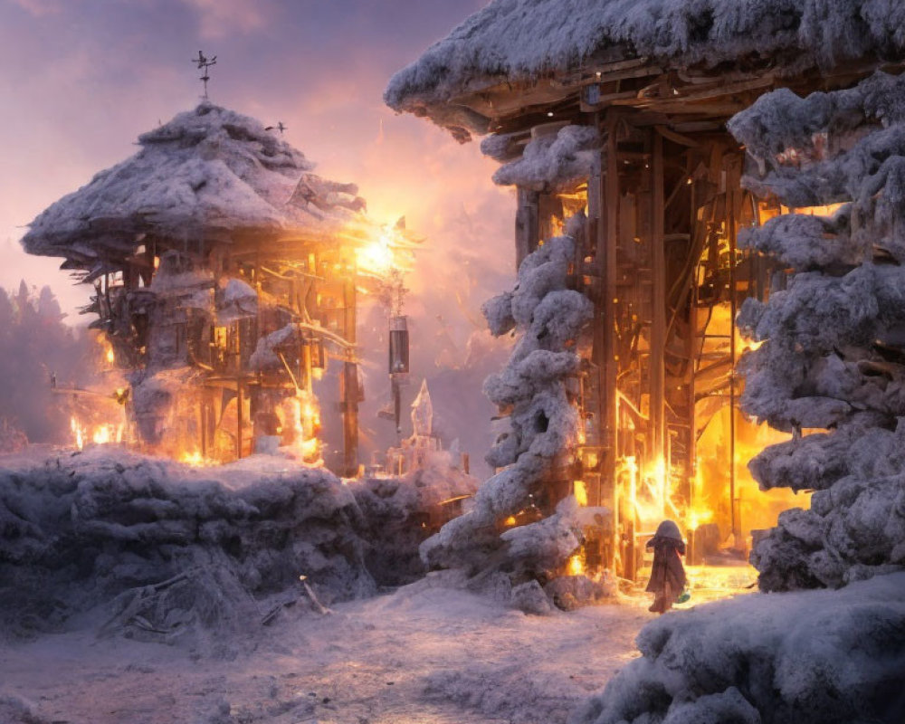 Snowy village at twilight with warm glowing lights and cloaked figure walking.