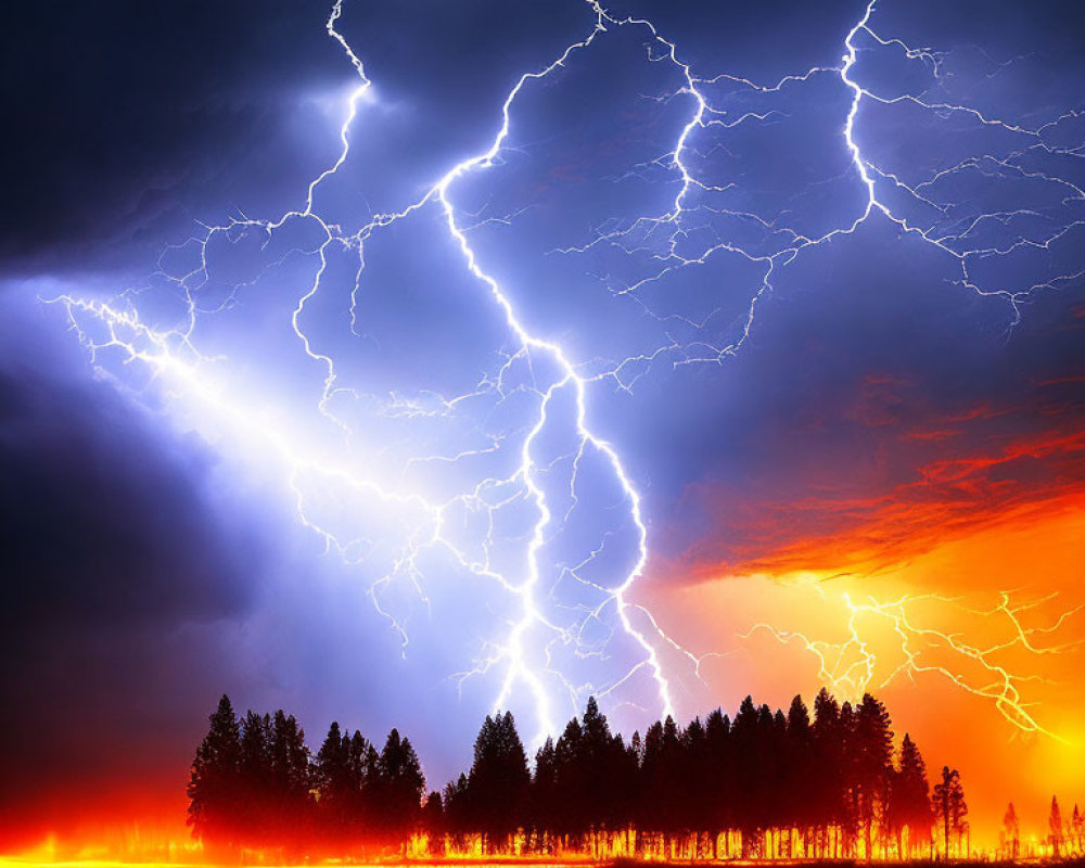 Dramatic lightning bolts over silhouetted trees on orange horizon