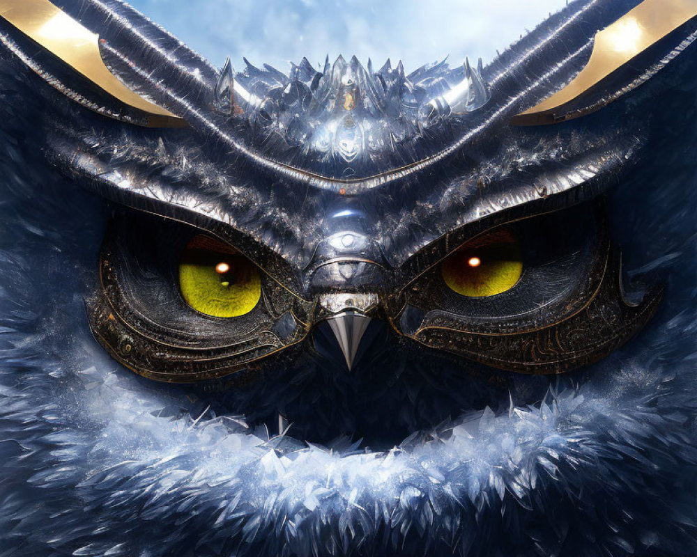 Stylized owl mask with glowing eyes and blue feathers on sky background