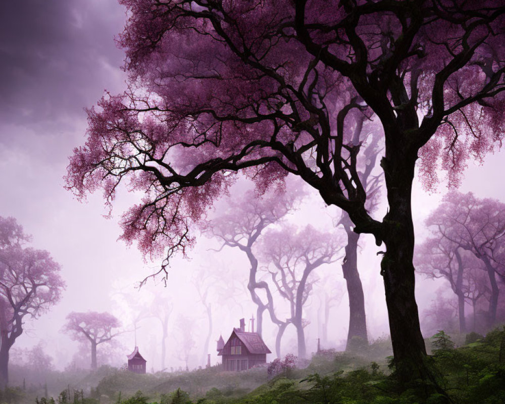 Enchanting forest with purple foliage, fog, and quaint houses.