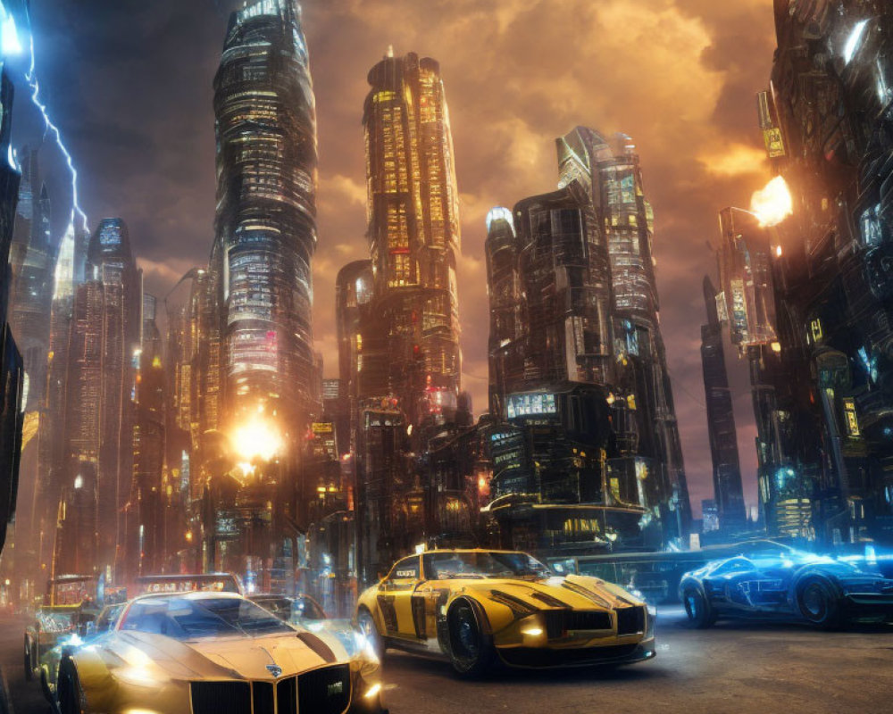 Futuristic cityscape with illuminated skyscrapers, stormy sky, and high-end sports cars