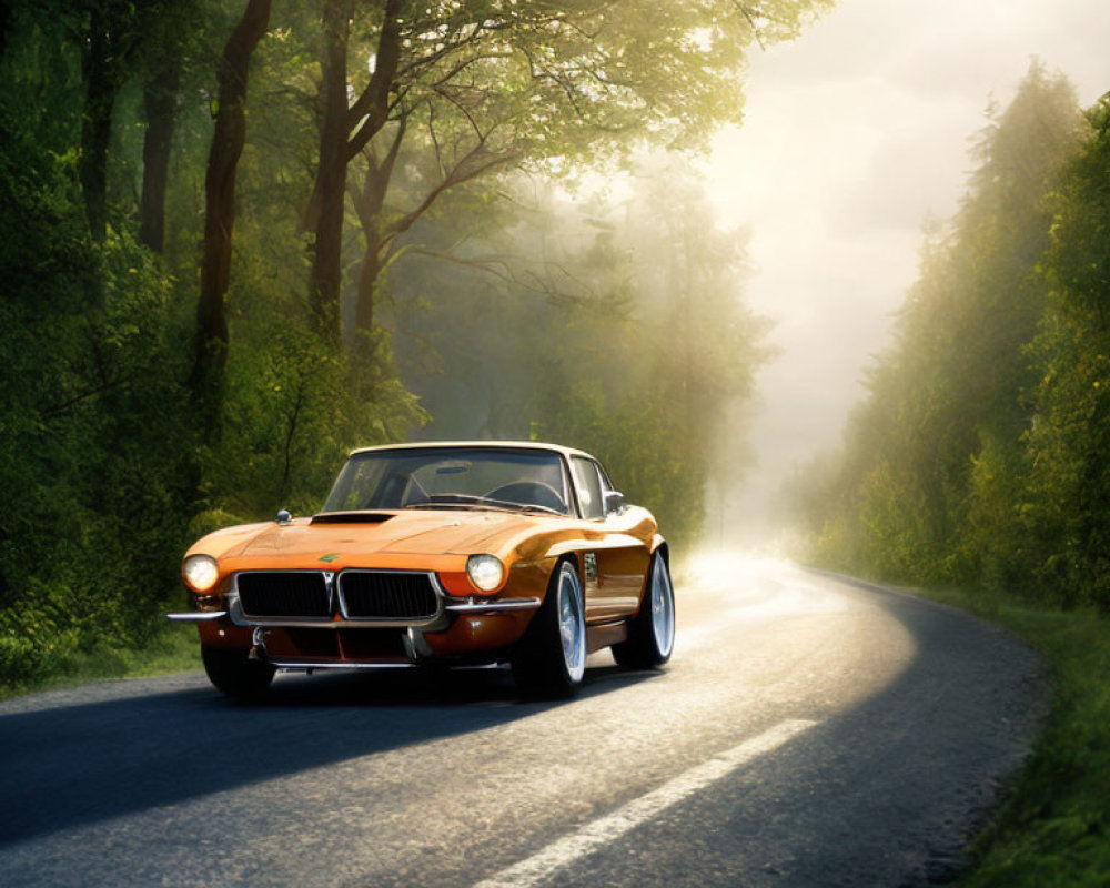 Vintage orange car driving on forest road with sun rays and mist.