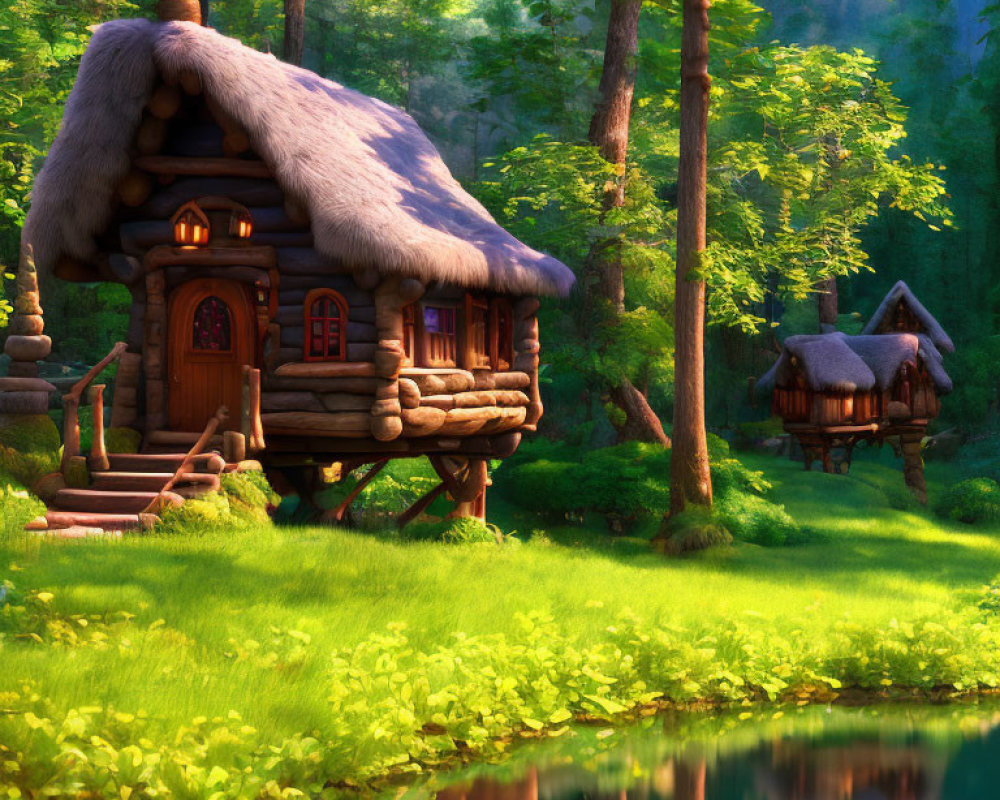 Enchanting forest scene: wooden cottage, thatched roof, lush greenery, serene pond.