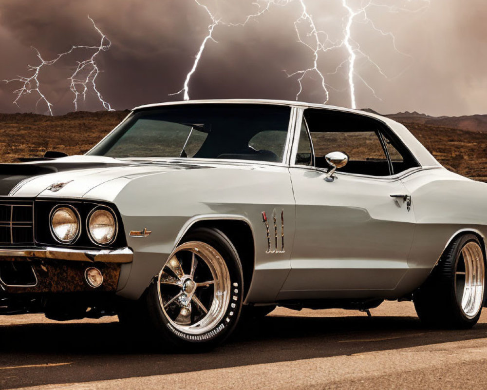 Vintage muscle car on stormy road with lightning strikes