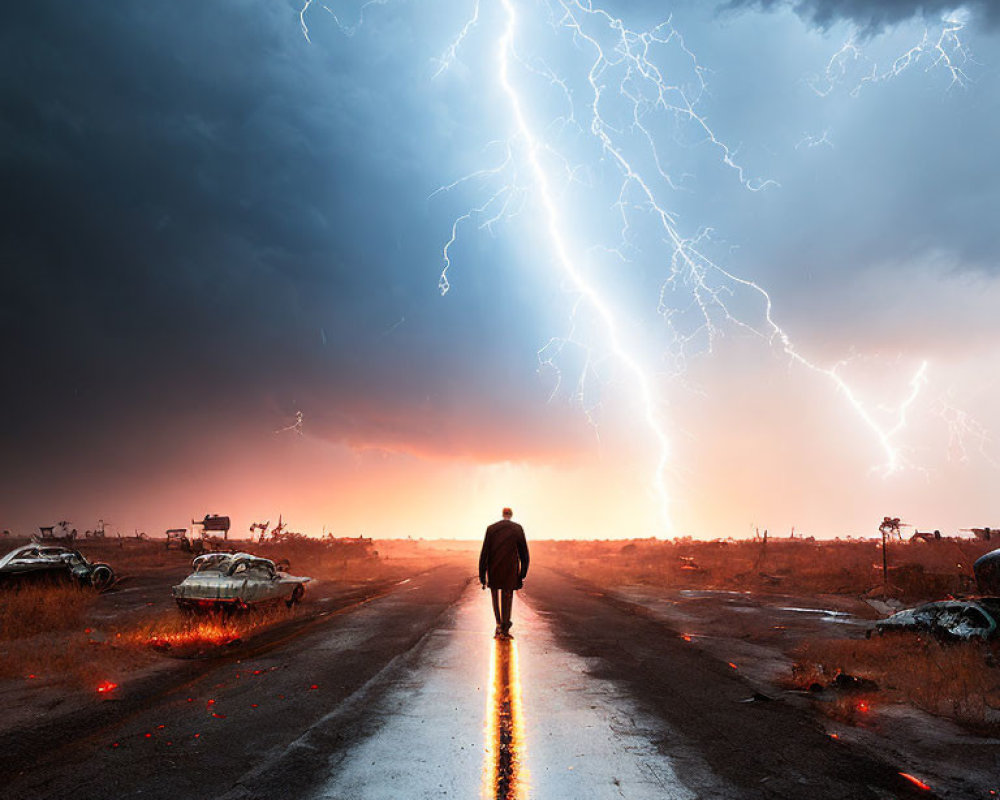 Person standing on road in stormy weather with lightning and abandoned cars.