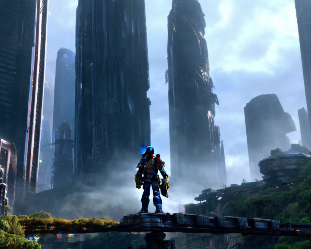 Futuristic soldier in advanced armor on urban structure under hazy sky