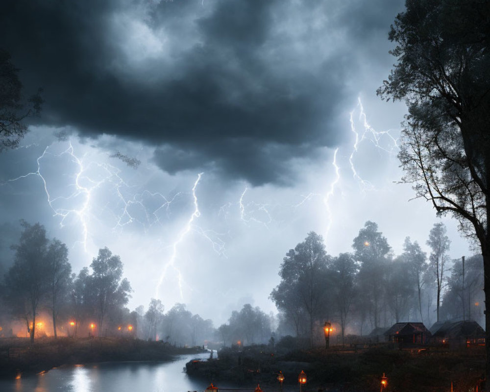 Night scene: Lightning bolts over riverside village