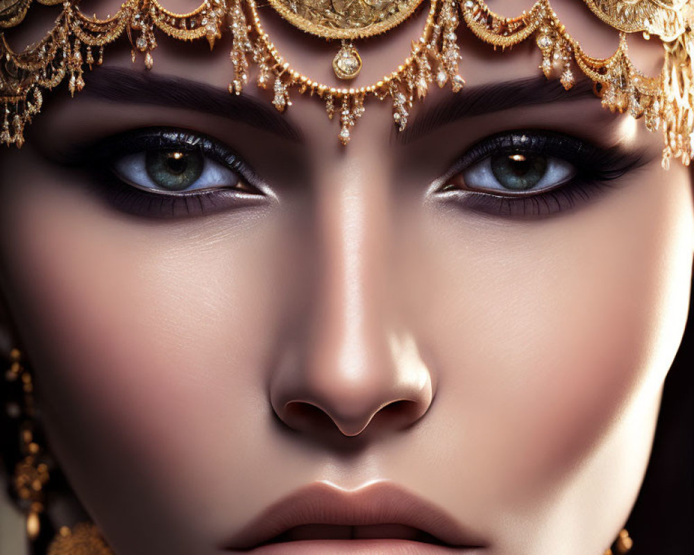 Close-up of woman with striking blue eyes and intricate golden head jewelry